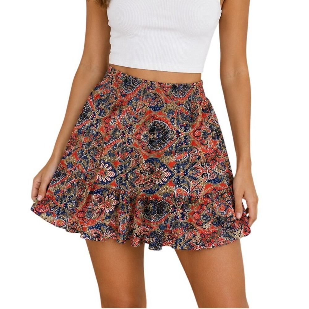 Miss Me Red Blue Gold Paisley Bohemian Mini Skirt Women's Medium